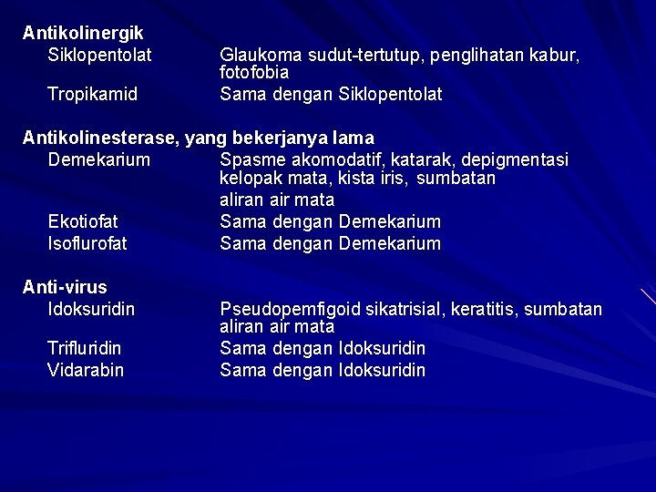 Antikolinergik Siklopentolat Tropikamid Glaukoma sudut-tertutup, penglihatan kabur, fotofobia Sama dengan Siklopentolat Antikolinesterase, yang bekerjanya