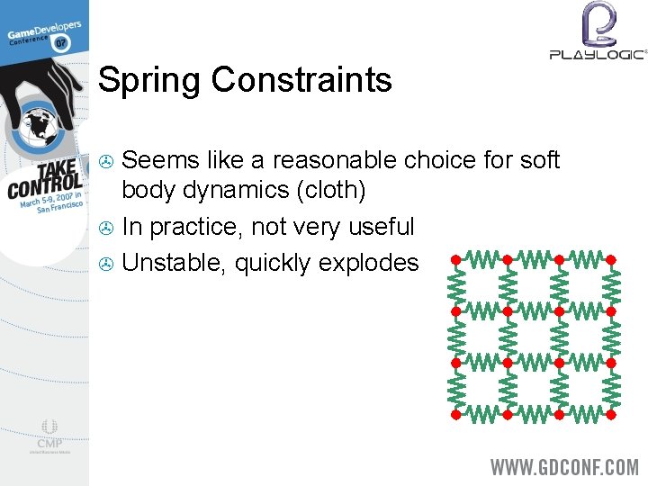 Spring Constraints Seems like a reasonable choice for soft body dynamics (cloth) > In