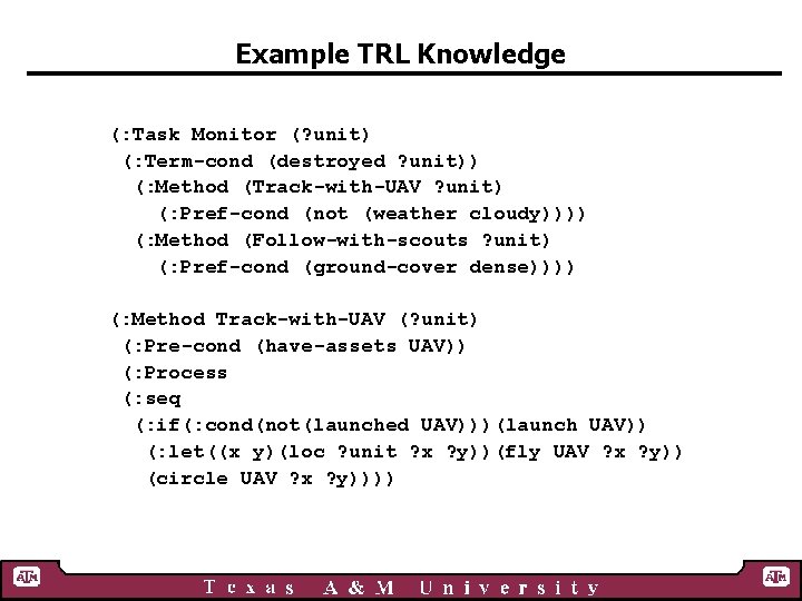 Example TRL Knowledge (: Task Monitor (? unit) (: Term-cond (destroyed ? unit)) (: