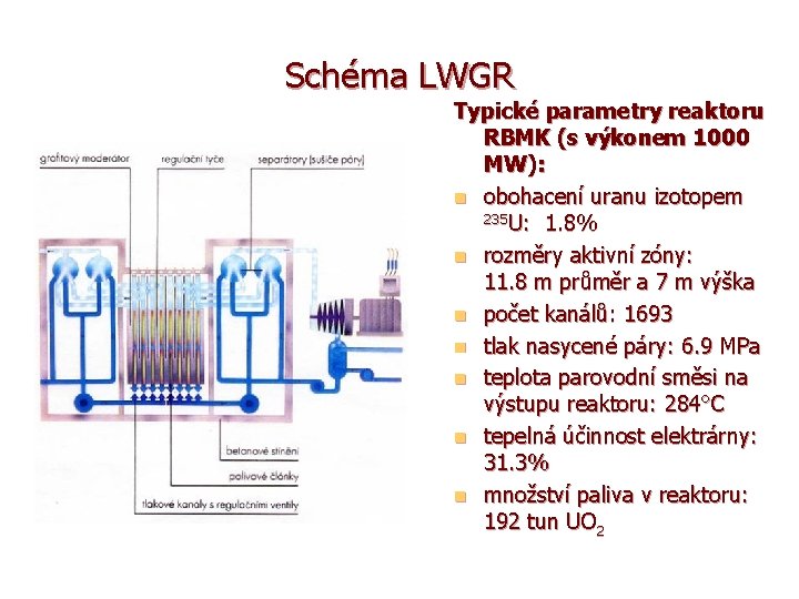 Schéma LWGR Typické parametry reaktoru RBMK (s výkonem 1000 MW): n obohacení uranu izotopem