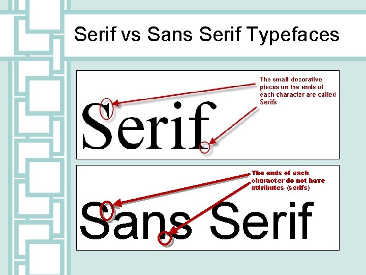 Serif vs Sans Serif Typefaces The ends of each character do not have attributes