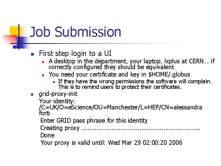 Job Submission n First step login to a UI n n A desktop in