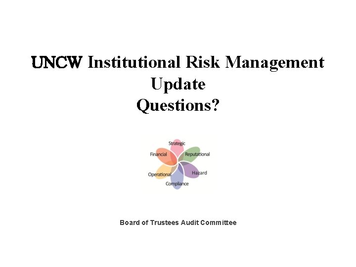UNCW Institutional Risk Management Update Questions? Board of Trustees Audit Committee 