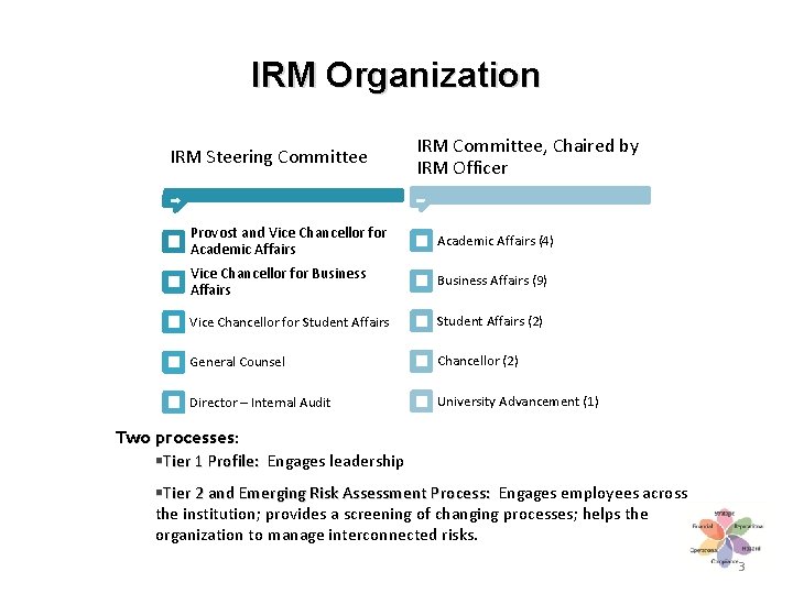 IRM Organization IRM Steering Committee IRM Committee, Chaired by IRM Officer Provost and Vice