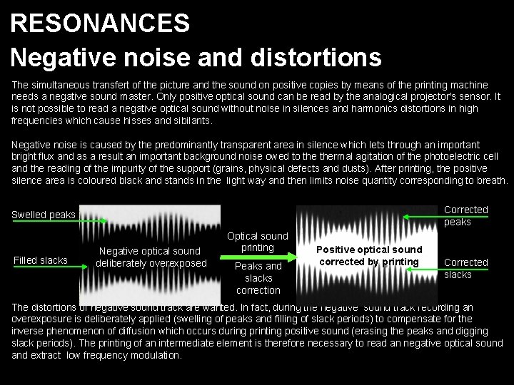 RESONANCES Negative noise and distortions The simultaneous transfert of the picture and the sound