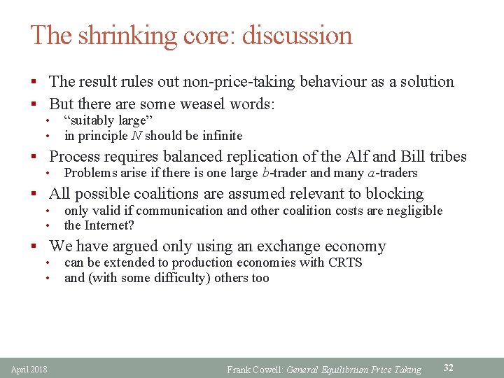 The shrinking core: discussion § The result rules out non-price-taking behaviour as a solution