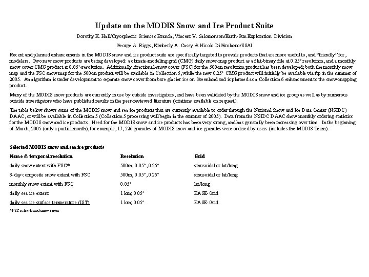 Update on the MODIS Snow and Ice Product Suite Dorothy K. Hall/Cryospheric Sciences Branch,