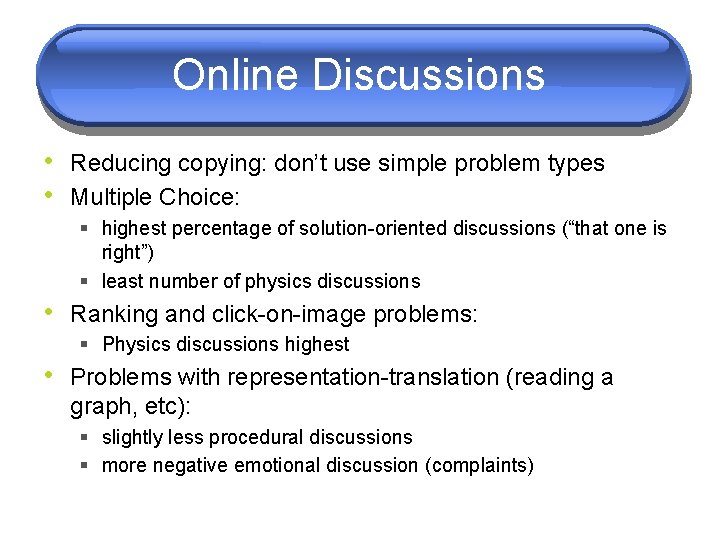 Online Discussions • Reducing copying: don’t use simple problem types • Multiple Choice: §