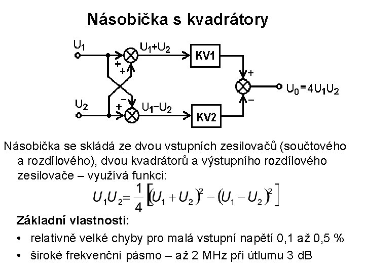 Násobička s kvadrátory Násobička se skládá ze dvou vstupních zesilovačů (součtového a rozdílového), dvou