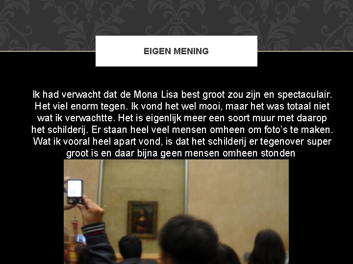 EIGEN MENING Ik had verwacht dat de Mona Lisa best groot zou zijn en