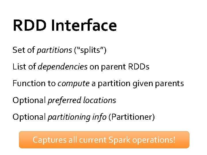 RDD Interface Set of partitions (“splits”) List of dependencies on parent RDDs Function to