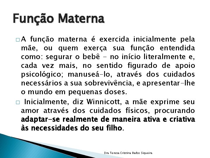 Função Materna �A função materna é exercida inicialmente pela mãe, ou quem exerça sua