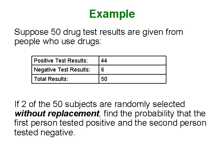 Example Suppose 50 drug test results are given from people who use drugs: Positive