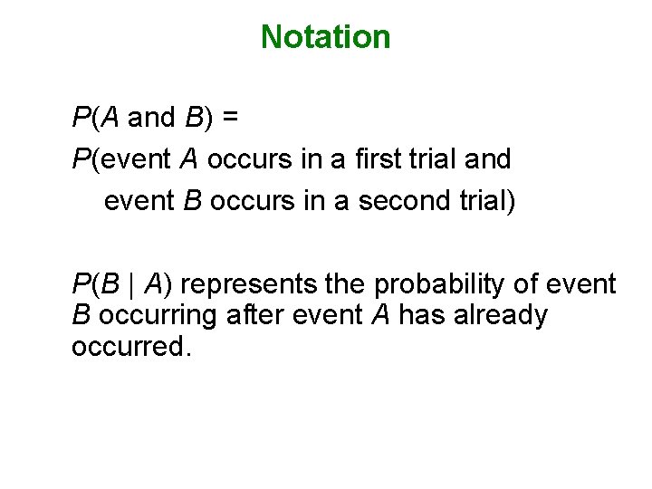 Notation P(A and B) = P(event A occurs in a first trial and event