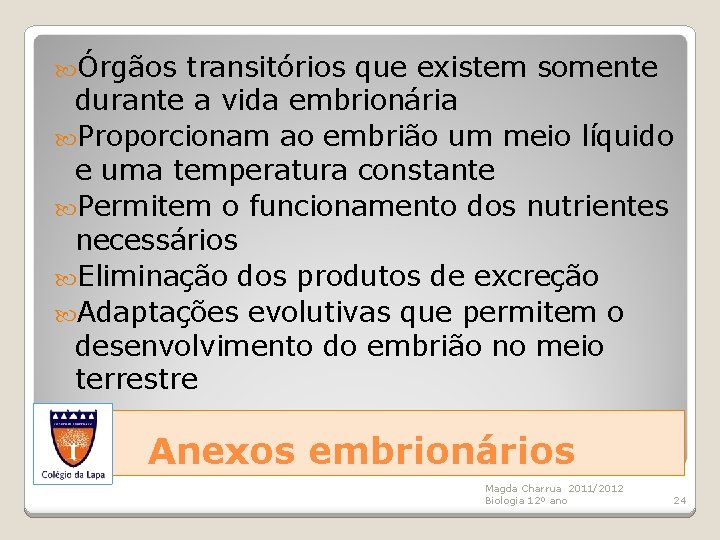  Órgãos transitórios que existem somente durante a vida embrionária Proporcionam ao embrião um