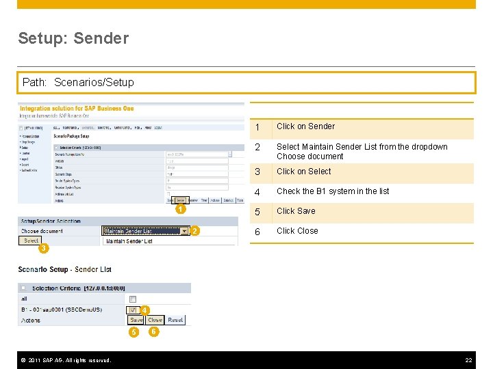 Setup: Sender Path: Scenarios/Setup 1 2 1 Click on Sender 2 Select Maintain Sender Setup: Sender Path: Scenarios/Setup 1 2 1 Click on Sender 2 Select Maintain Sender