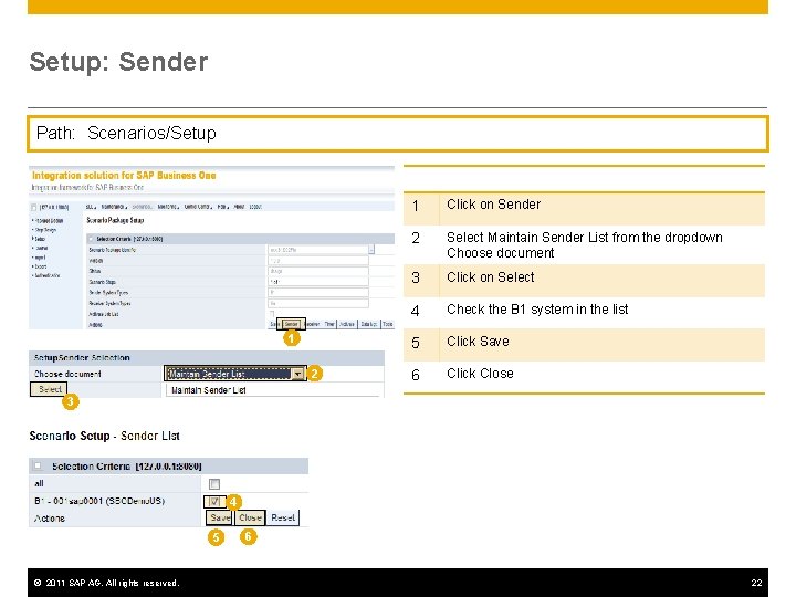 Setup: Sender Path: Scenarios/Setup 1 2 1 Click on Sender 2 Select Maintain Sender