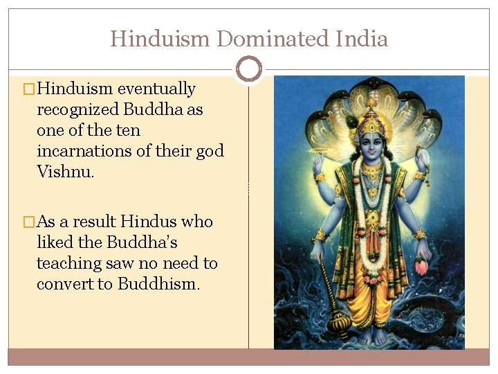 Hinduism Dominated India �Hinduism eventually recognized Buddha as one of the ten incarnations of