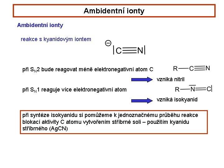 Ambidentní ionty reakce s kyanidovým iontem při SN 2 bude reagovat méně elektronegativní atom