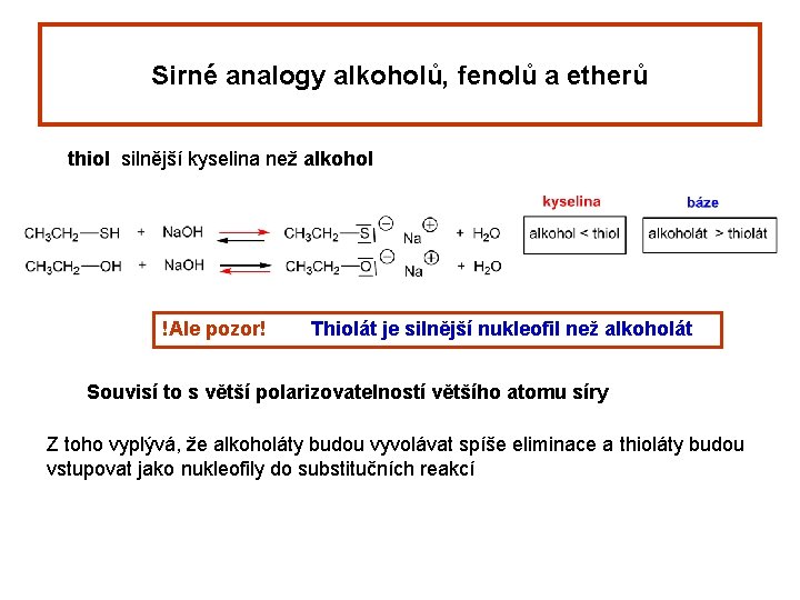 Sirné analogy alkoholů, fenolů a etherů thiol silnější kyselina než alkohol !Ale pozor! Thiolát