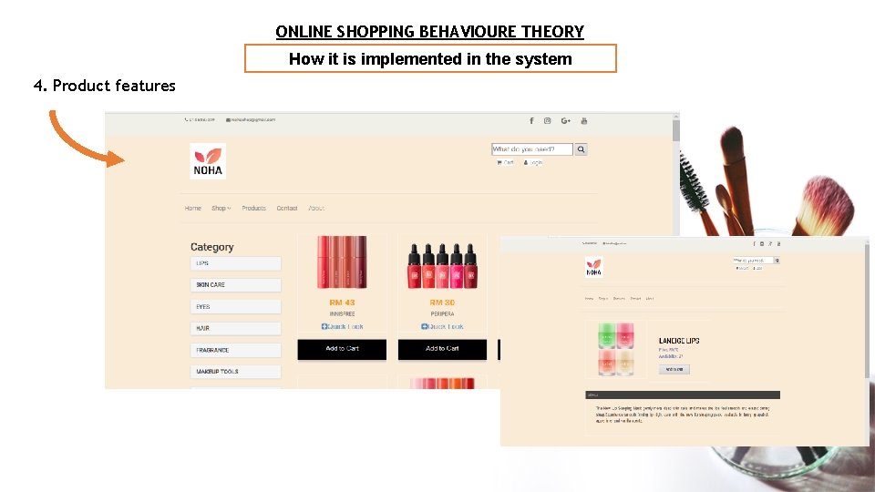 ONLINE SHOPPING BEHAVIOURE THEORY How it is implemented in the system 4. Product features