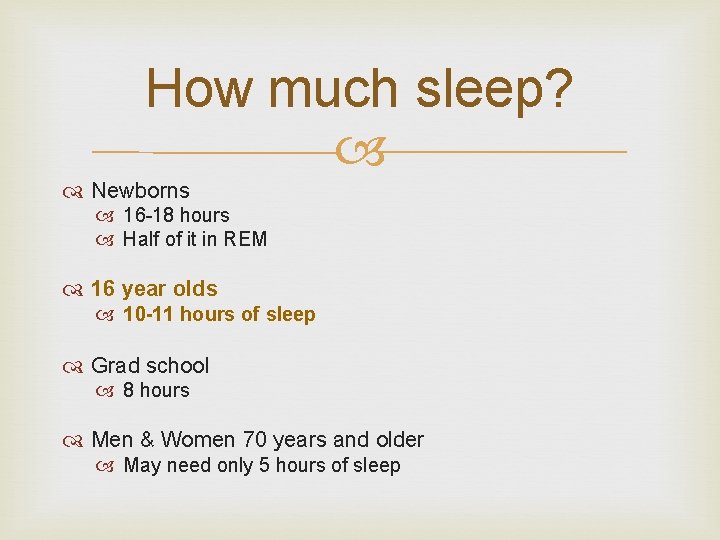 How much sleep? Newborns 16 -18 hours Half of it in REM 16 year