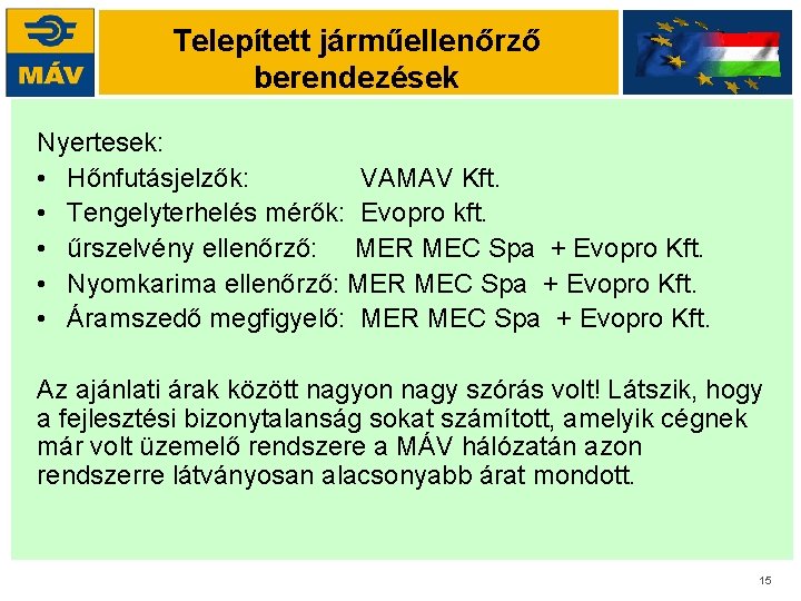 Telepített járműellenőrző berendezések Nyertesek: • Hőnfutásjelzők: VAMAV Kft. • Tengelyterhelés mérők: Evopro kft. •