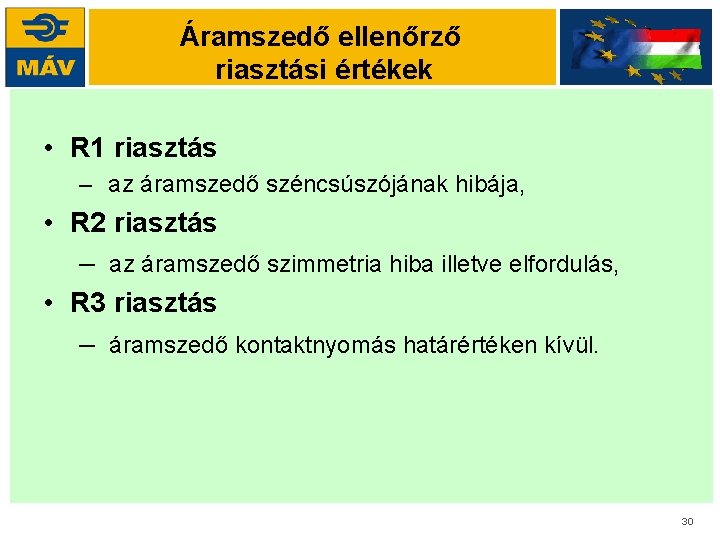 Áramszedő ellenőrző riasztási értékek • R 1 riasztás – az áramszedő széncsúszójának hibája, •