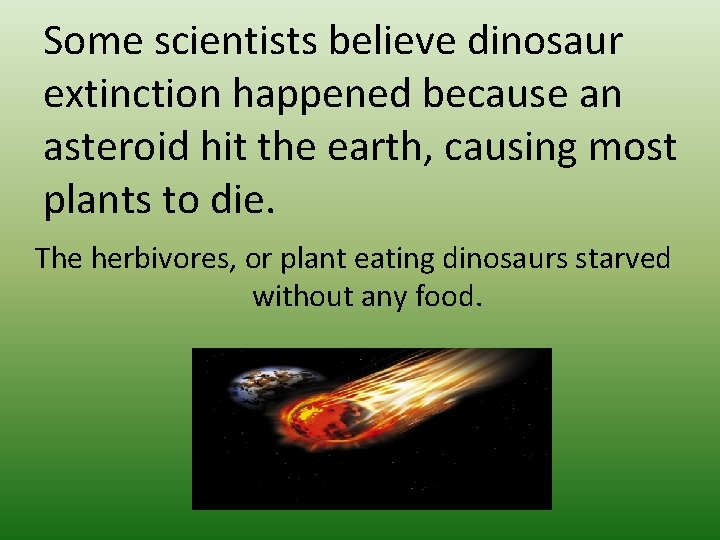 Some scientists believe dinosaur extinction happened because an asteroid hit the earth, causing most