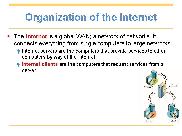 Organization of the Internet § The Internet is a global WAN; a network of