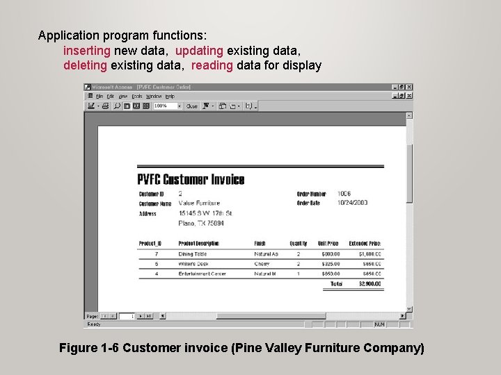 Application program functions: inserting new data, updating existing data, deleting existing data, reading data Application program functions: inserting new data, updating existing data, deleting existing data, reading data