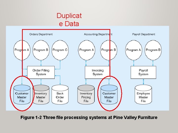 Duplicat e Data Figure 1 -2 Three file processing systems at Pine Valley Furniture Duplicat e Data Figure 1 -2 Three file processing systems at Pine Valley Furniture