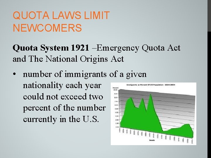 QUOTA LAWS LIMIT NEWCOMERS Quota System 1921 –Emergency Quota Act and The National Origins