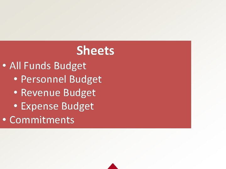 Sheets • All Funds Budget • Personnel Budget • Revenue Budget • Expense Budget