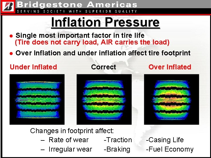 Inflation Pressure Single most important factor in tire life (Tire does not carry load,