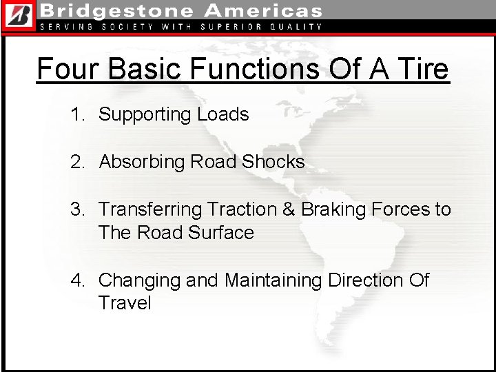 Four Basic Functions Of A Tire 1. Supporting Loads 2. Absorbing Road Shocks 3.