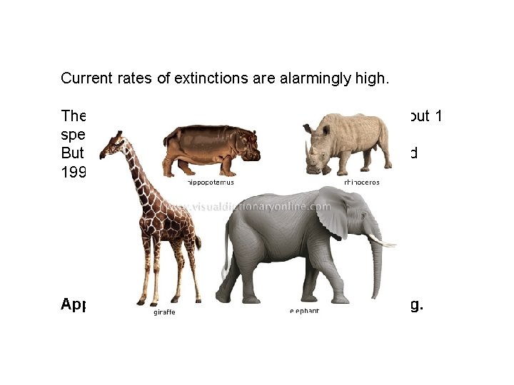 Current rates of extinctions are alarmingly high. The extinction rate for birds and mammals
