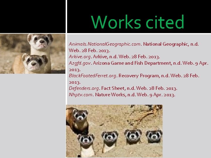 Works cited Animals. National. Geographic. com. National Geographic, n. d. Web. 28 Feb. 2013.