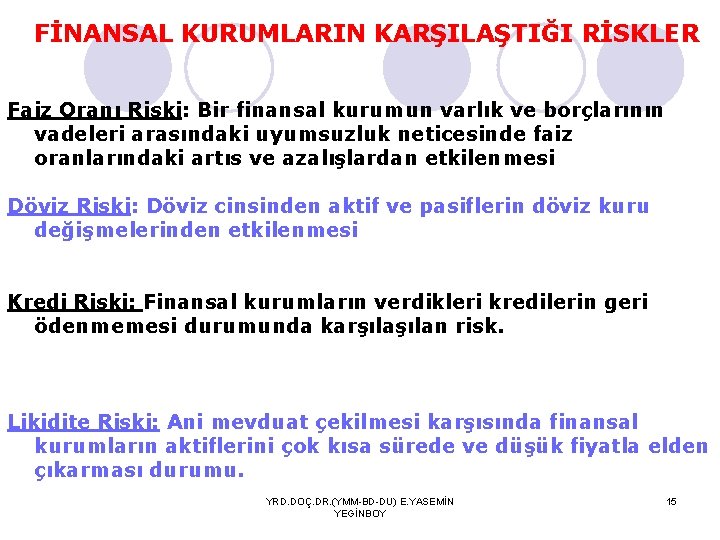 FİNANSAL KURUMLARIN KARŞILAŞTIĞI RİSKLER Faiz Oranı Riski: Bir finansal kurumun varlık ve borçlarının vadeleri