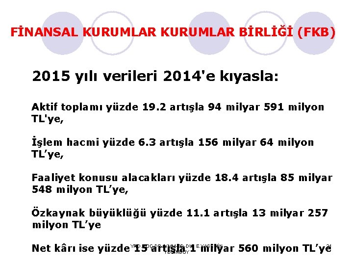 FİNANSAL KURUMLAR BİRLİĞİ (FKB) 2015 yılı verileri 2014'e kıyasla: Aktif toplamı yüzde 19. 2