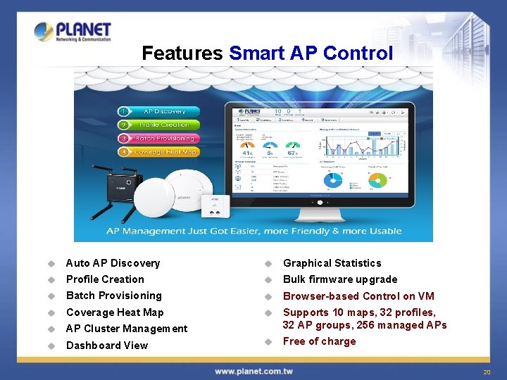 Features Smart AP Control u Auto AP Discovery u Graphical Statistics u Profile Creation Features Smart AP Control u Auto AP Discovery u Graphical Statistics u Profile Creation