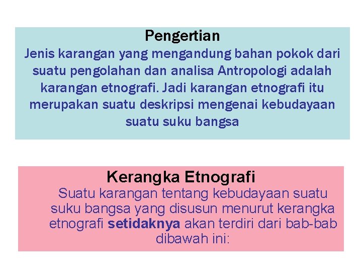 Pengertian Jenis karangan yang mengandung bahan pokok dari suatu pengolahan dan analisa Antropologi adalah