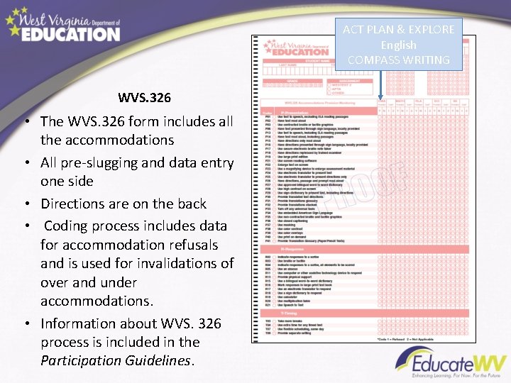 ACT PLAN & EXPLORE English COMPASS WRITING WVS. 326 • The WVS. 326 form