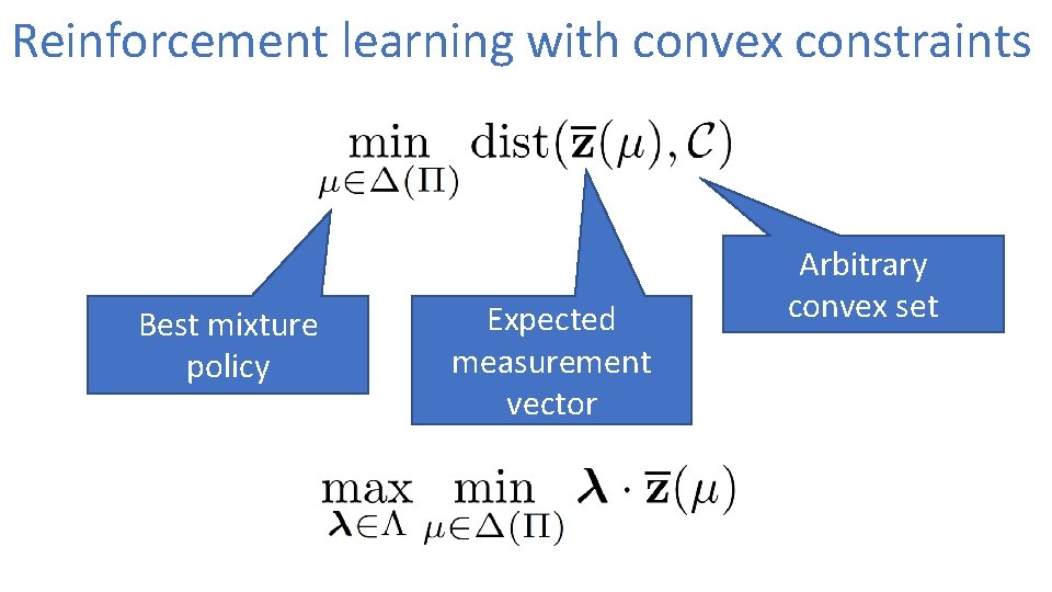 Reinforcement learning with convex constraints Best mixture policy Expected measurement vector Arbitrary convex set
