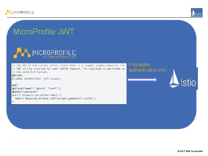 Micro. Profile JWT Propagate authentication info © 2017 IBM Corporation 
