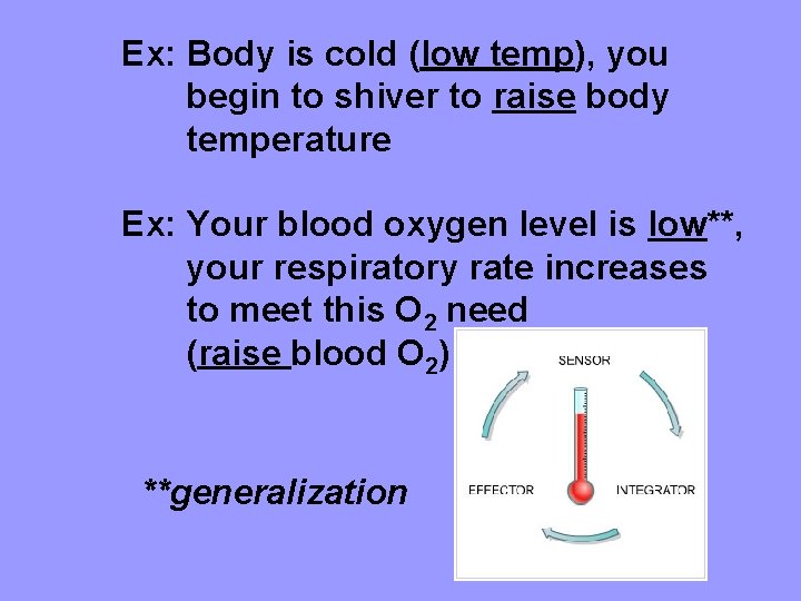 Ex: Body is cold (low temp), you begin to shiver to raise body temperature