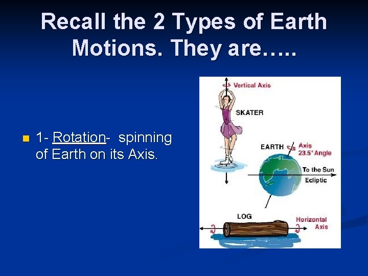 Recall the 2 Types of Earth Motions. They are…. . n 1 - Rotation-