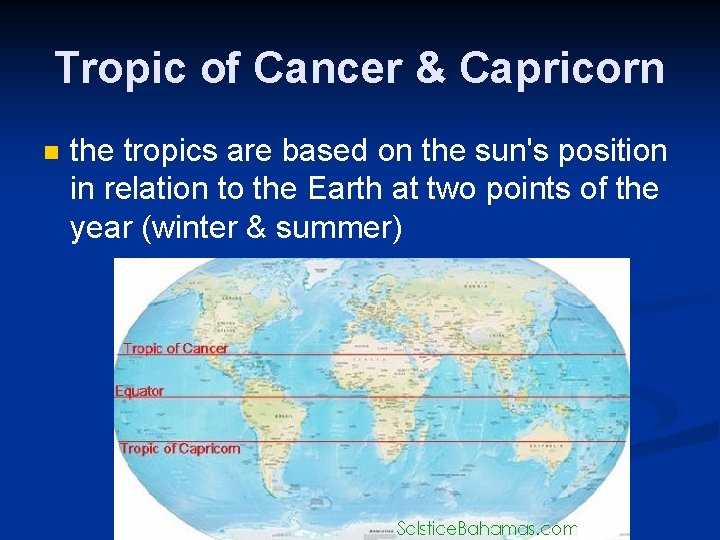 Tropic of Cancer & Capricorn n the tropics are based on the sun's position