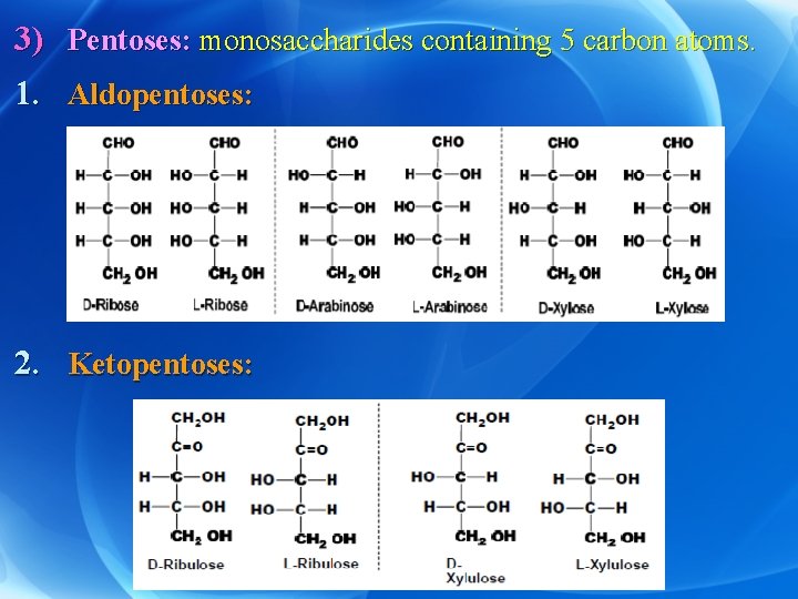 3) Pentoses: monosaccharides containing 5 carbon atoms. 1. Aldopentoses: 2. Ketopentoses: 