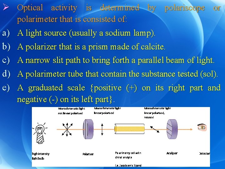 Ø Optical activity is determined by polariscope or polarimeter that is consisted of: a)